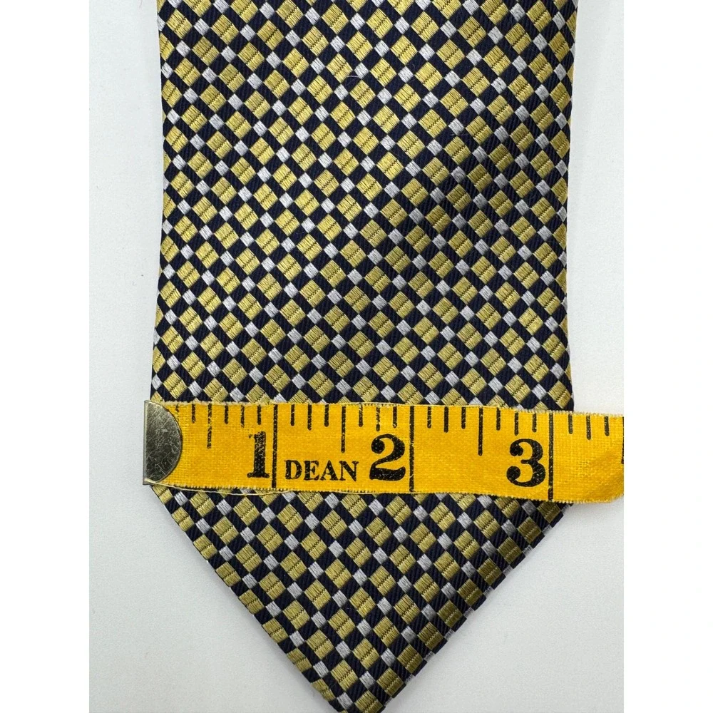 IZOD Mens Silk Necktie Gold Navy Blue Silver Geometric Checkered Woven Tie